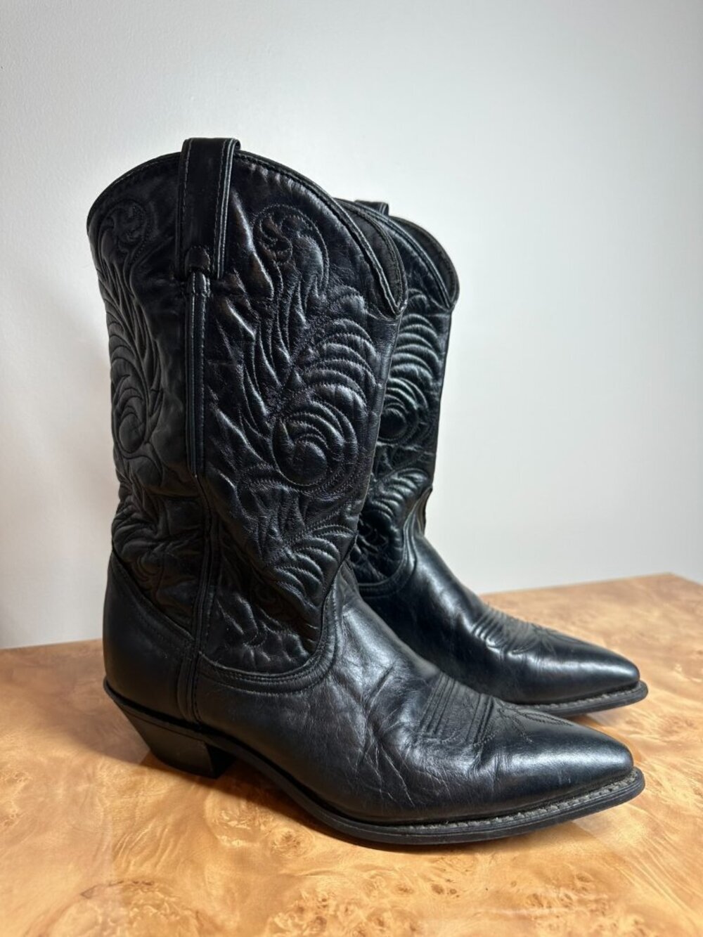 Acme Black Leather Cowboy Western Boots USA Pointed Toe Embroidered Men's 8 M